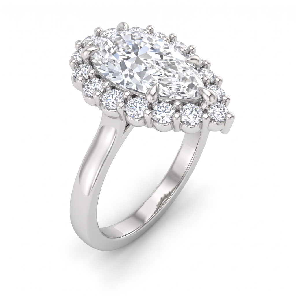 2 carat pear halo engagement ring, three-quarter view of beaded-prong cluster halo, 14K white gold