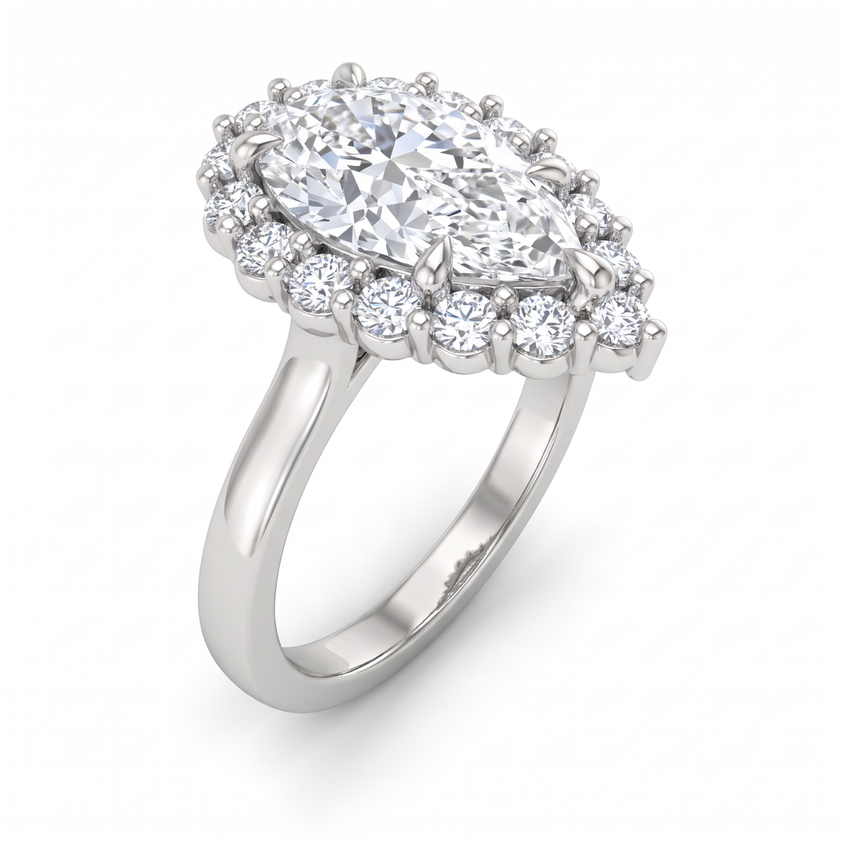 2 carat pear halo engagement ring, three-quarter view of beaded-prong cluster halo, 14K white gold