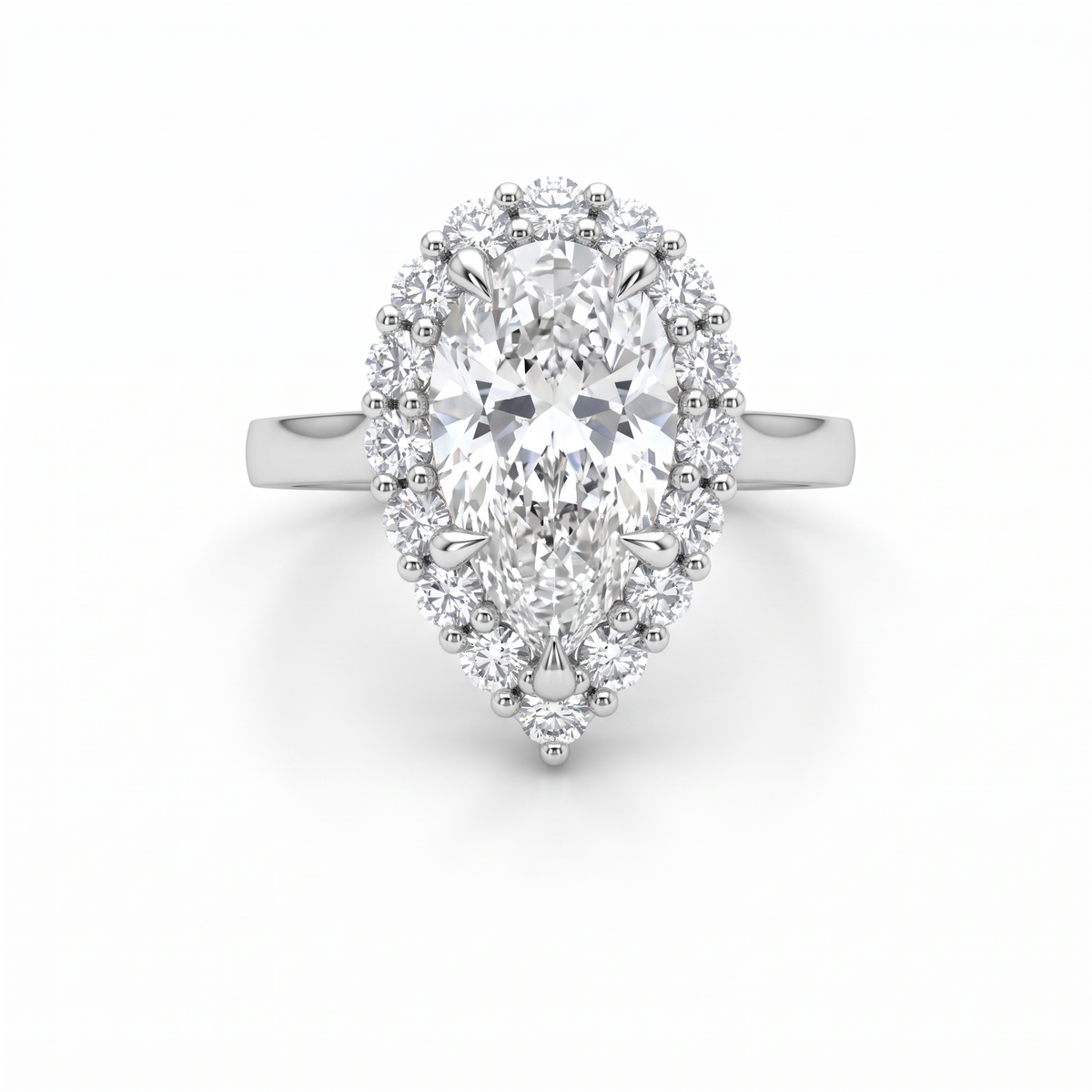 Top view of 2ct pear Lab-Grown Diamond with 14-stone cluster halo, 14K white gold