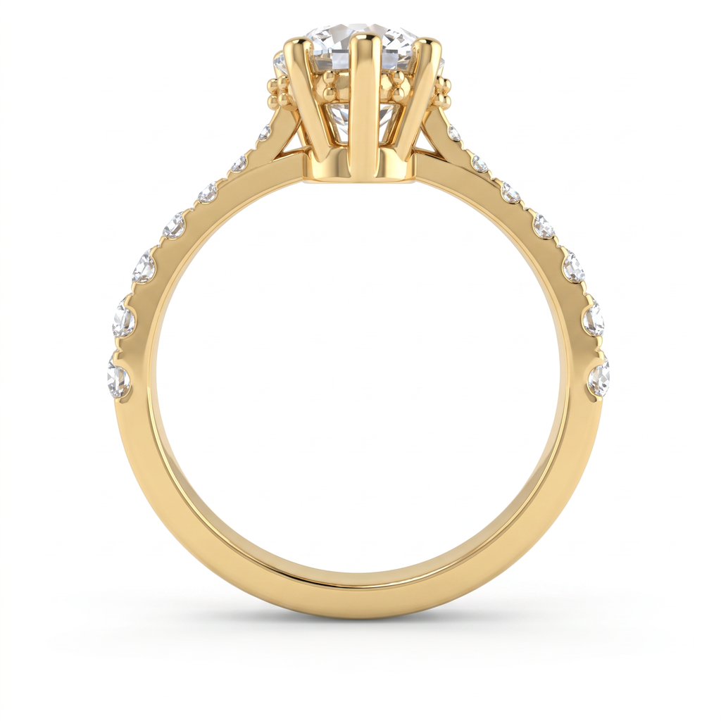 Profile view of a 14K yellow gold 2ct Pear Cut Lab-Grown Diamond engagement ring showing the hidden halo and pavé band