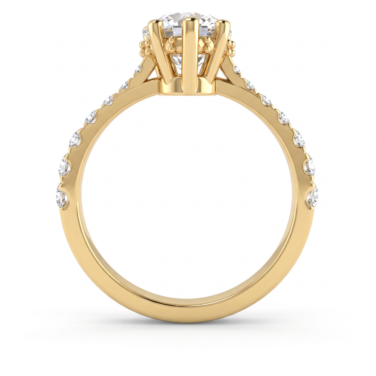 Profile view of a 14K yellow gold 2ct Pear Cut Lab-Grown Diamond engagement ring showing the hidden halo and pavé band
