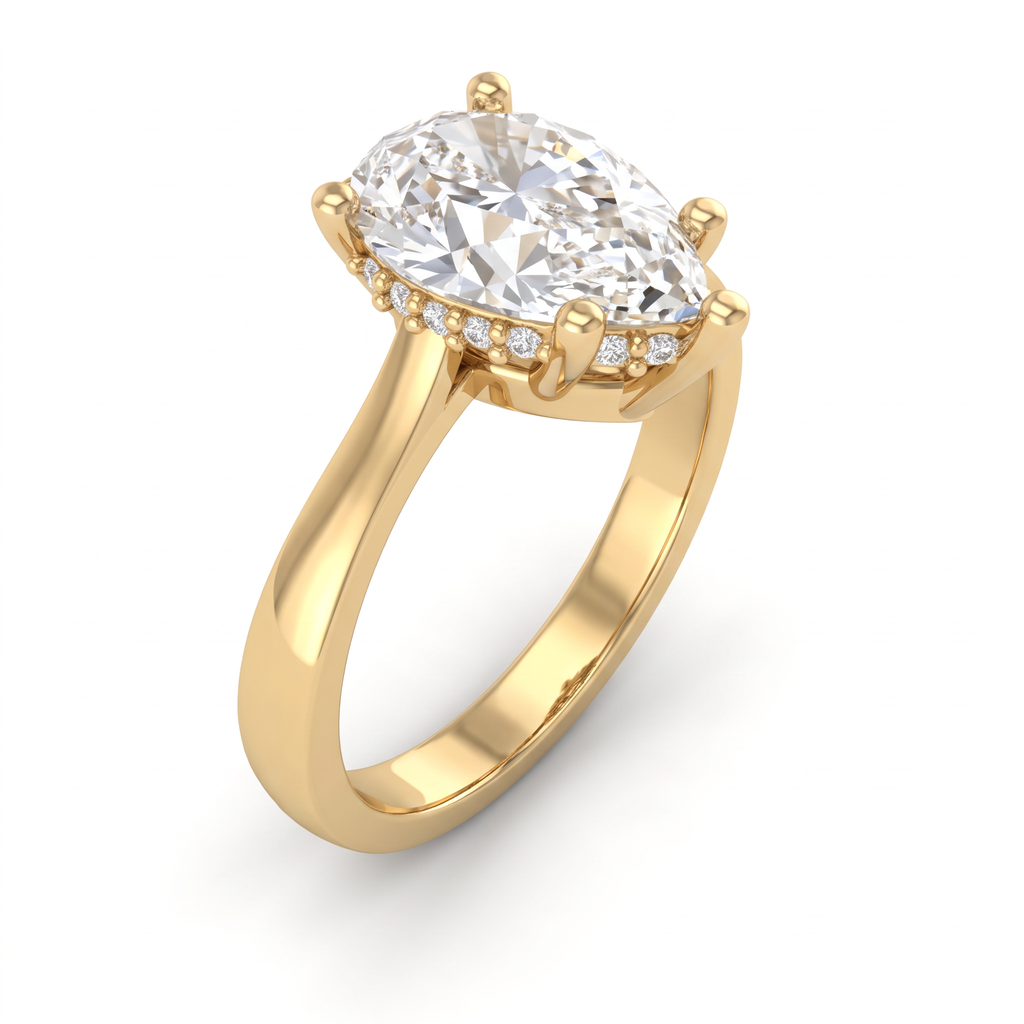 Angled view of a 2 carat pear cut Lab-Grown Diamond engagement ring in 14K yellow gold