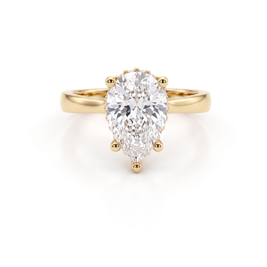 2ct pear cut Lab-Grown Diamond hidden halo engagement ring in 14K yellow gold, front view