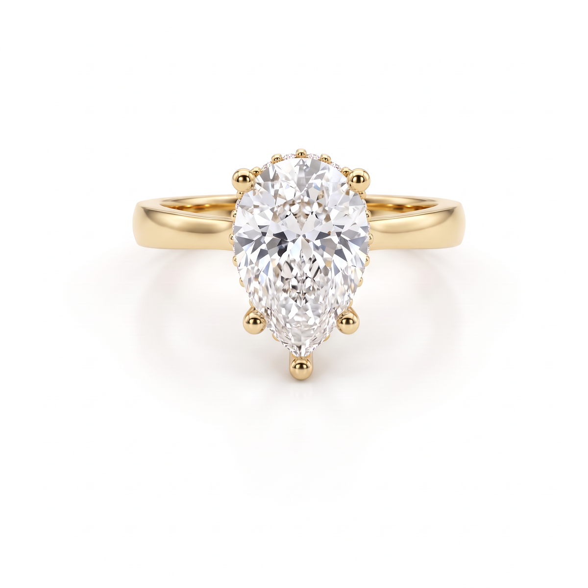 2ct pear cut Lab-Grown Diamond hidden halo engagement ring in 14K yellow gold, front view