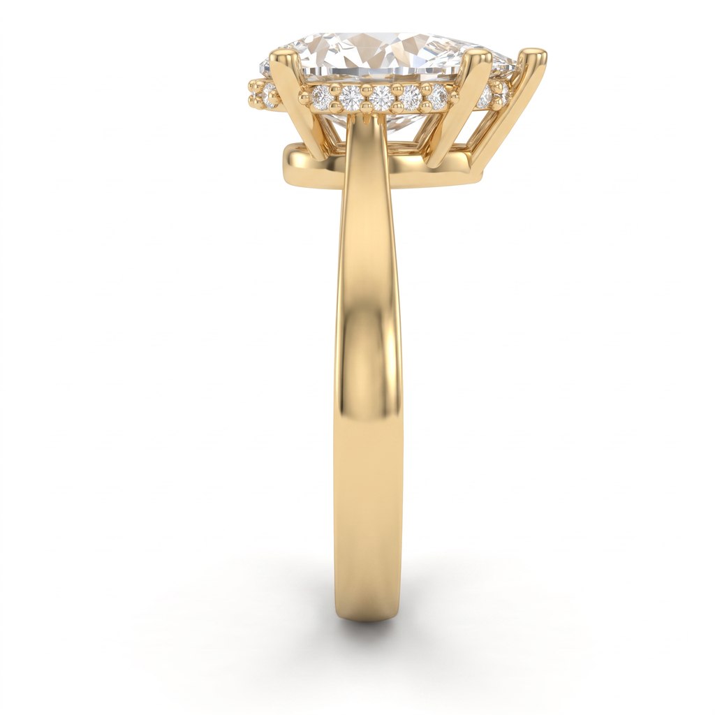 Hidden halo detail, pavé Lab-Grown Diamonds set beneath a 2ct pear cut center stone in 14K gold