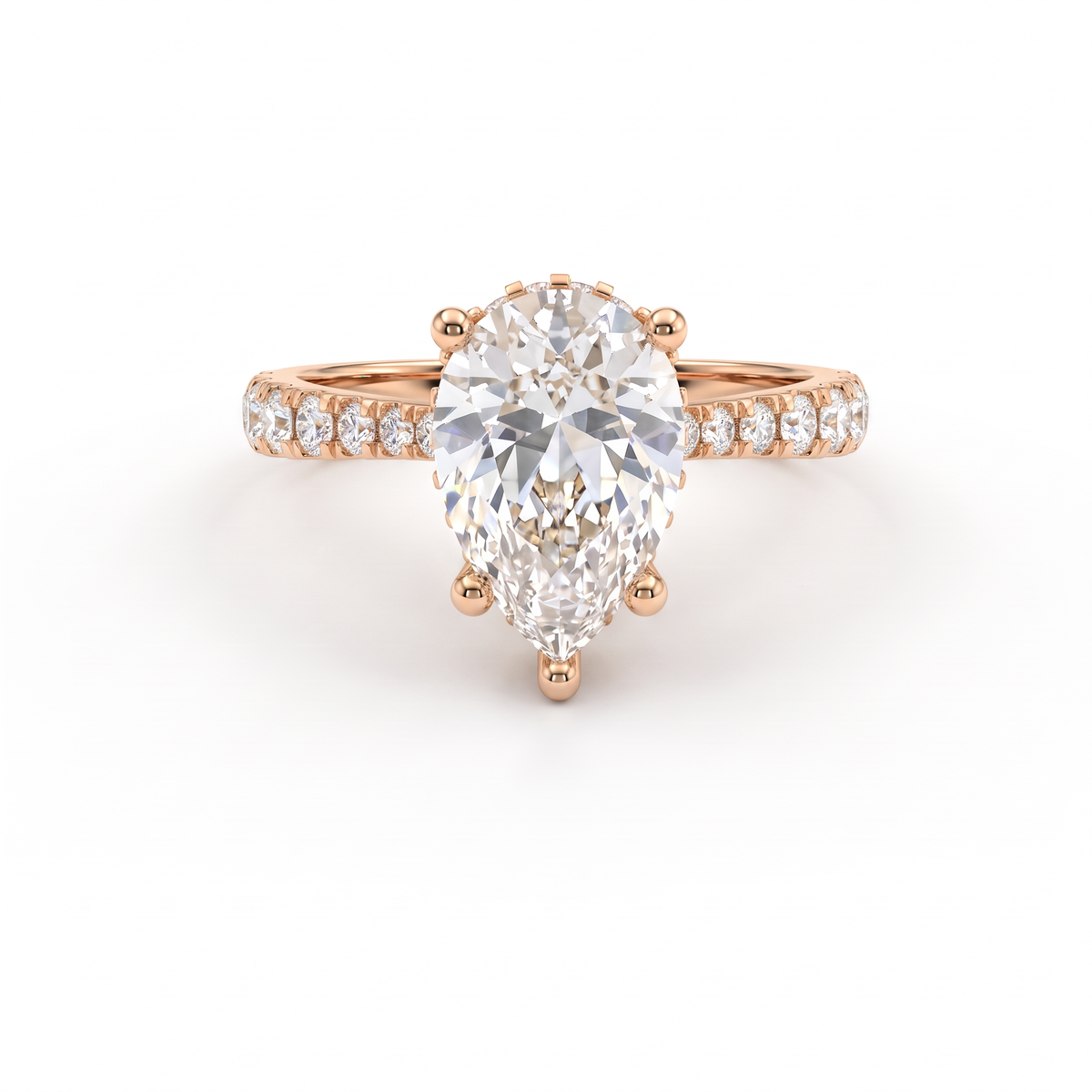 2ct Pear Cut Lab-Grown Diamond engagement ring in 14K rose gold with hidden halo and pavé band, front view