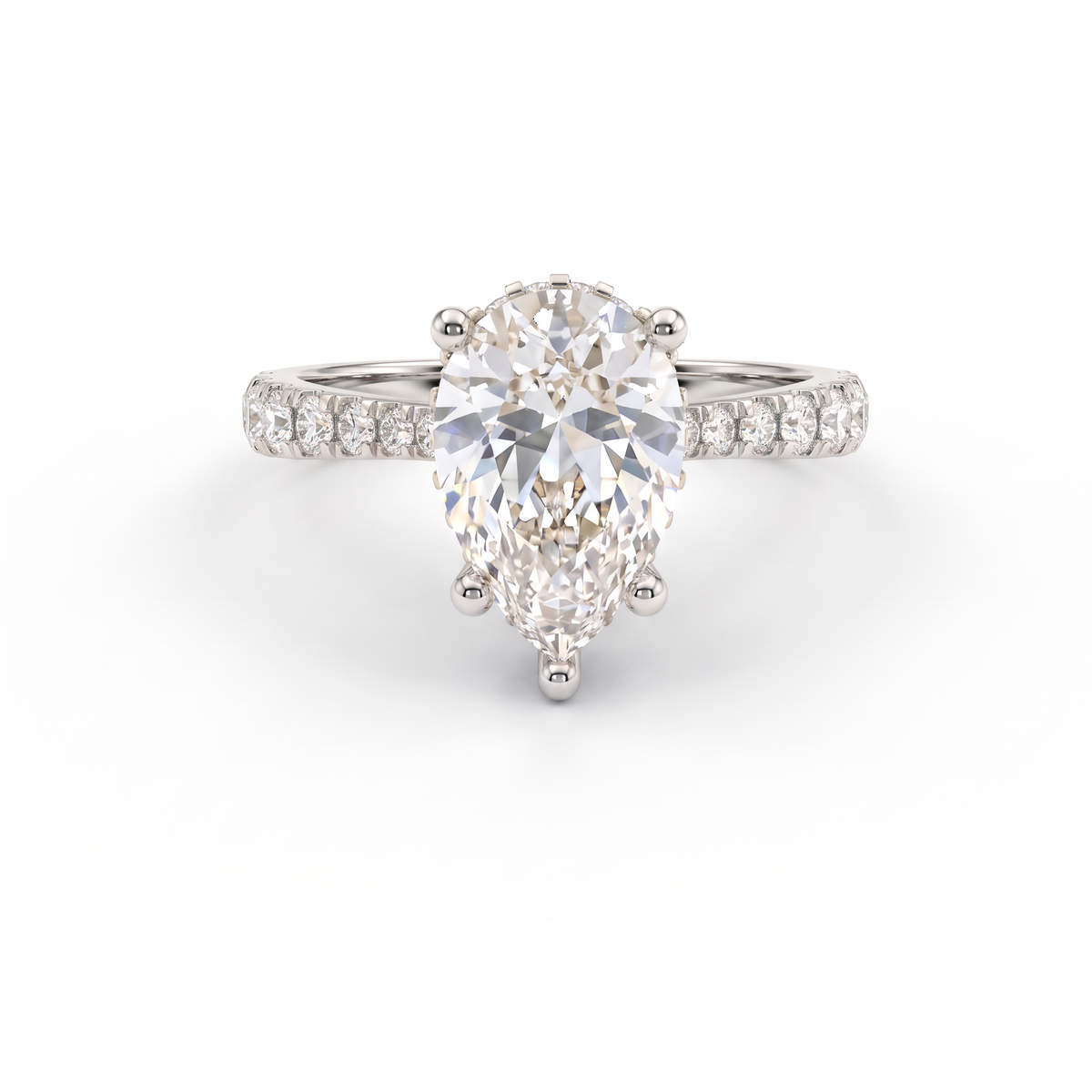 2ct Pear Cut Lab-Grown Diamond engagement ring in 14K white gold with hidden halo and pavé band, front view