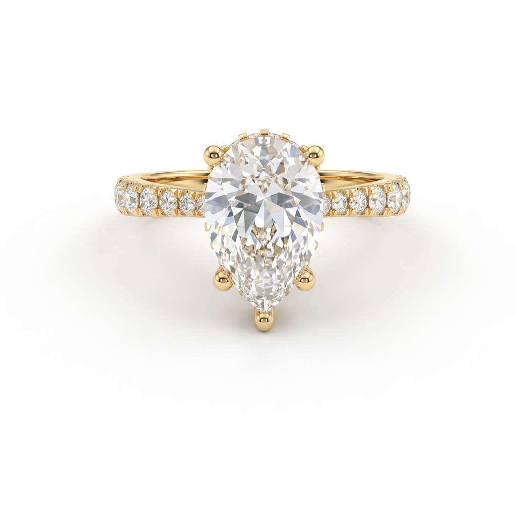2ct Pear Cut Lab-Grown Diamond engagement ring in 14K yellow gold with hidden halo and pavé band, front view