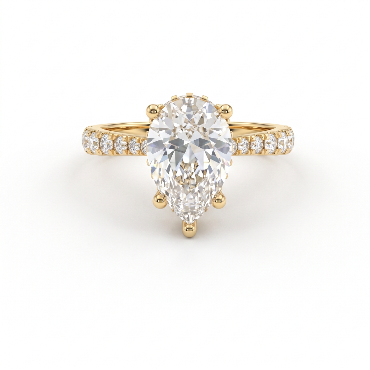 2ct Pear Cut Lab-Grown Diamond engagement ring in 14K yellow gold with hidden halo and pavé band, front view