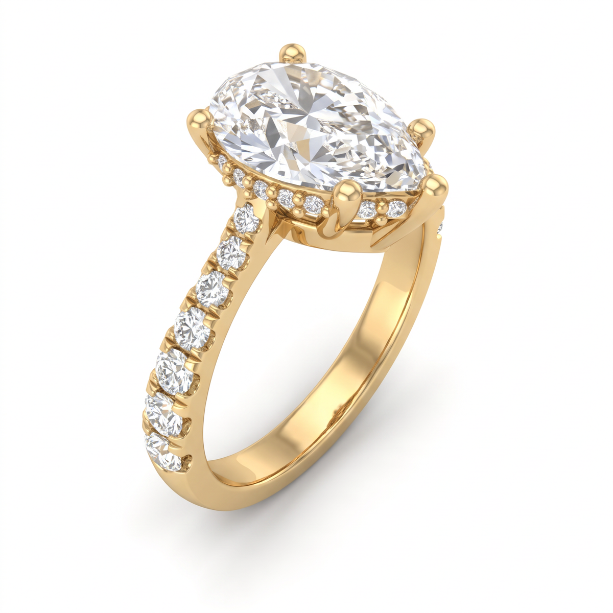 2ct Pear Cut Lab-Grown Diamond hidden halo engagement ring in 14K yellow gold with a pavé band, angled view