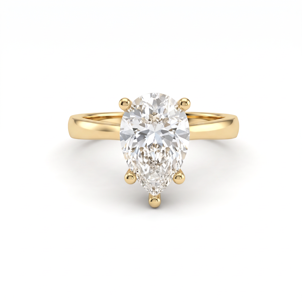 2ct pear cut diamond solitaire in 14K yellow gold, front view, five-prong head on a 2.5mm shank