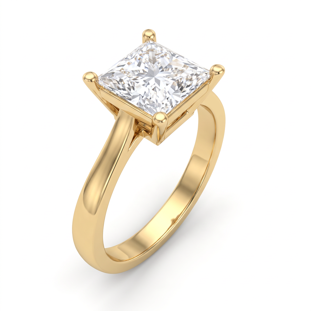 Three-quarter view of the 2ct princess cut solitaire in 14K yellow gold, corner prongs and gallery visible