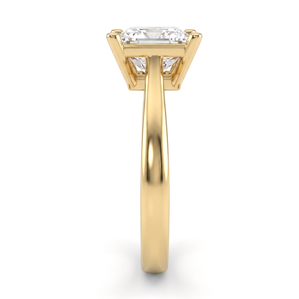 2ct princess cut solitaire in 14K yellow gold viewed along the 2.5mm shank, basket and gallery visible from the side