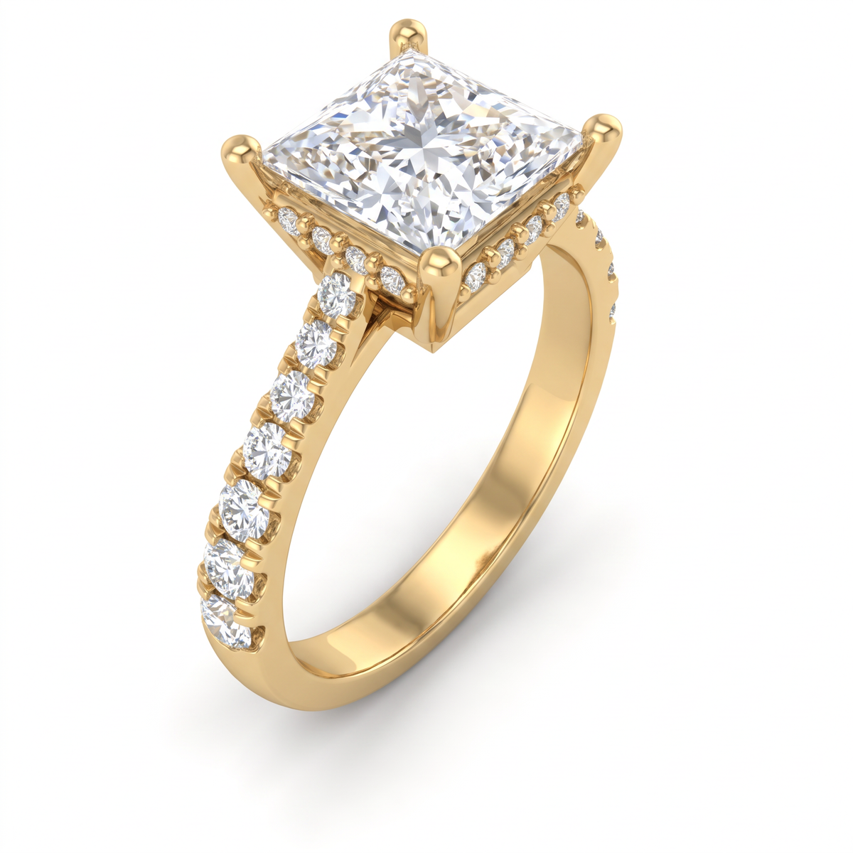 Angled view of a 2ct princess cut Lab-Grown Diamond solitaire in 14K yellow gold with four-prong setting and pavé shank