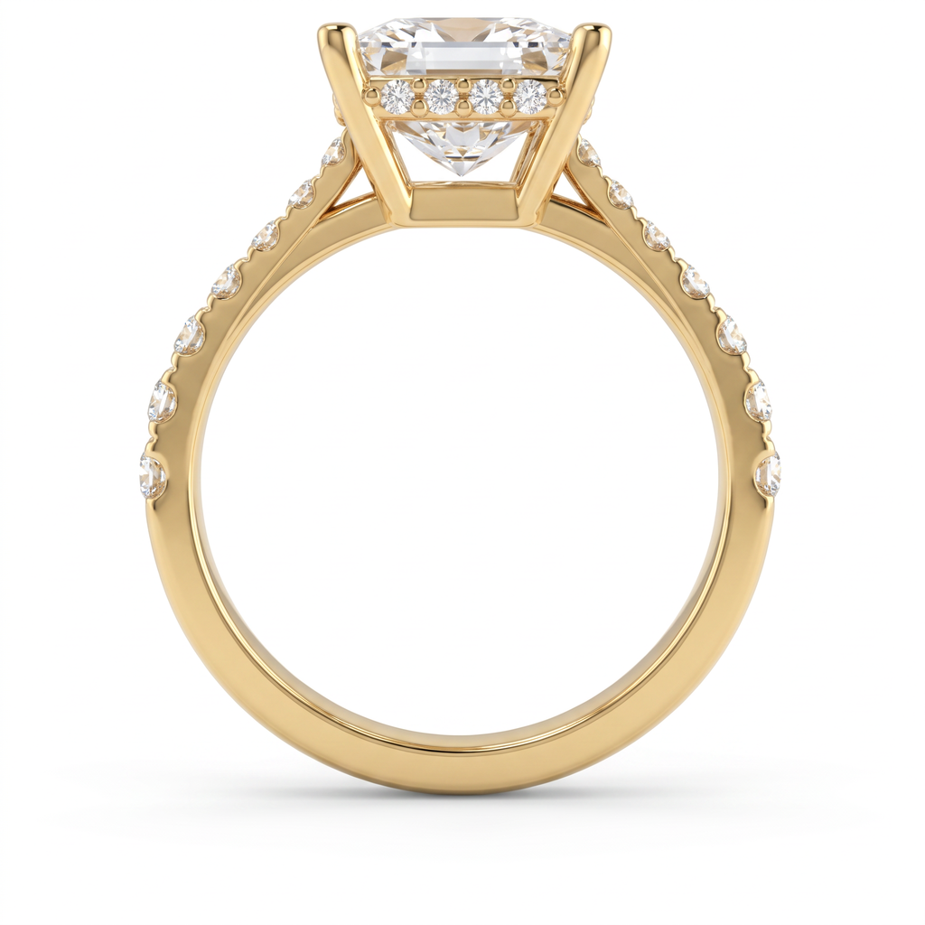Profile view of a 2ct princess engagement ring in 14K gold showing the hidden halo of Lab-Grown Diamonds under the center stone