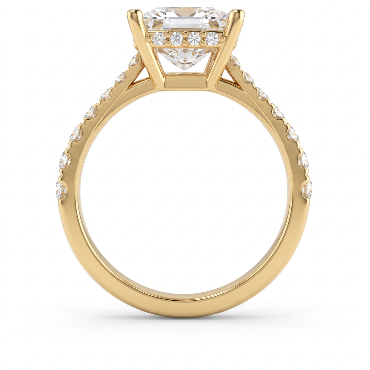 Profile view of a 2ct princess engagement ring in 14K gold showing the hidden halo of Lab-Grown Diamonds under the center stone