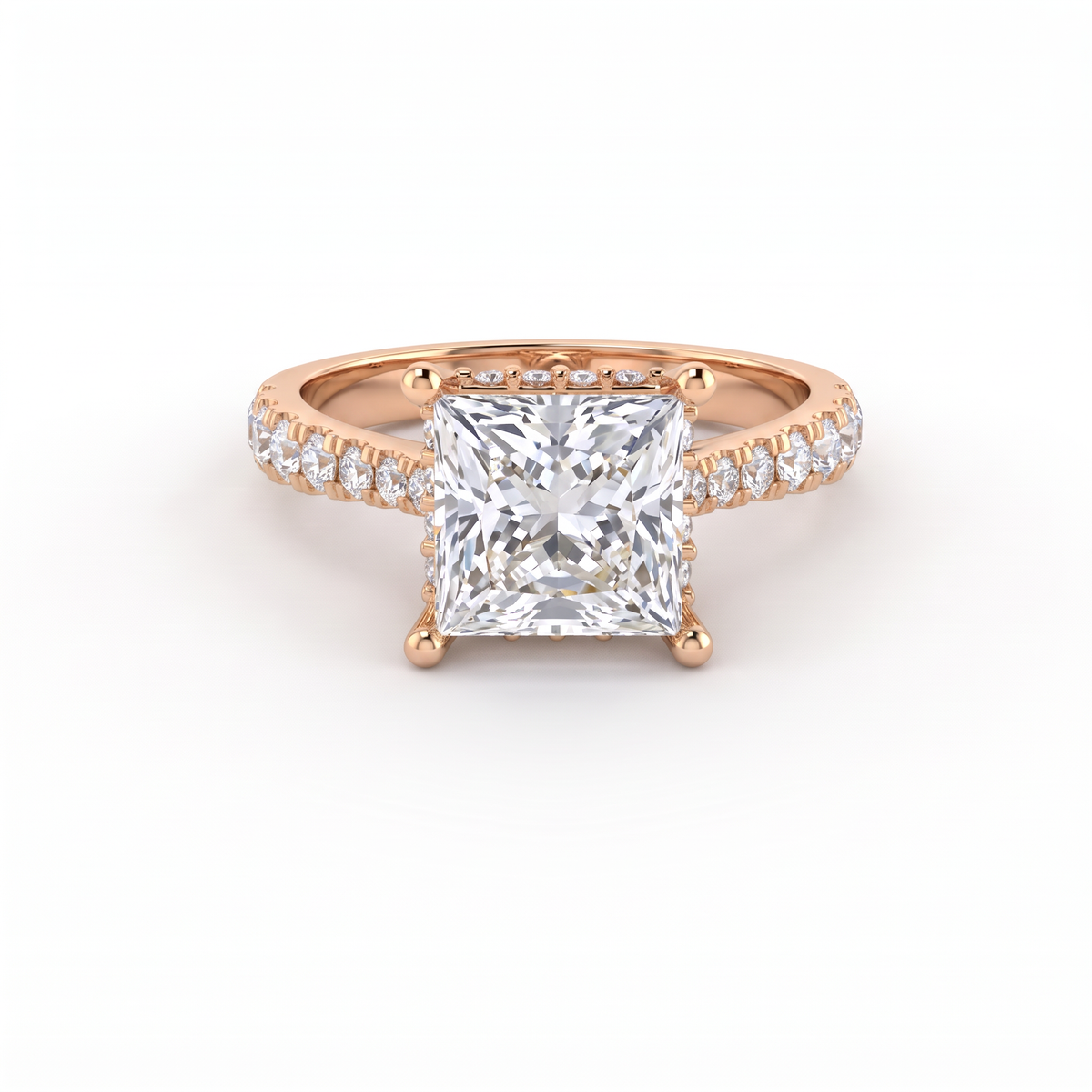 2ct princess cut Lab-Grown Diamond engagement ring in 14K rose gold with hidden halo and pavé band, top view