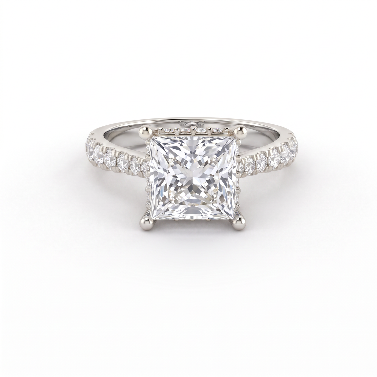 2ct princess cut Lab-Grown Diamond engagement ring in 14K white gold with hidden halo and pavé band, top view