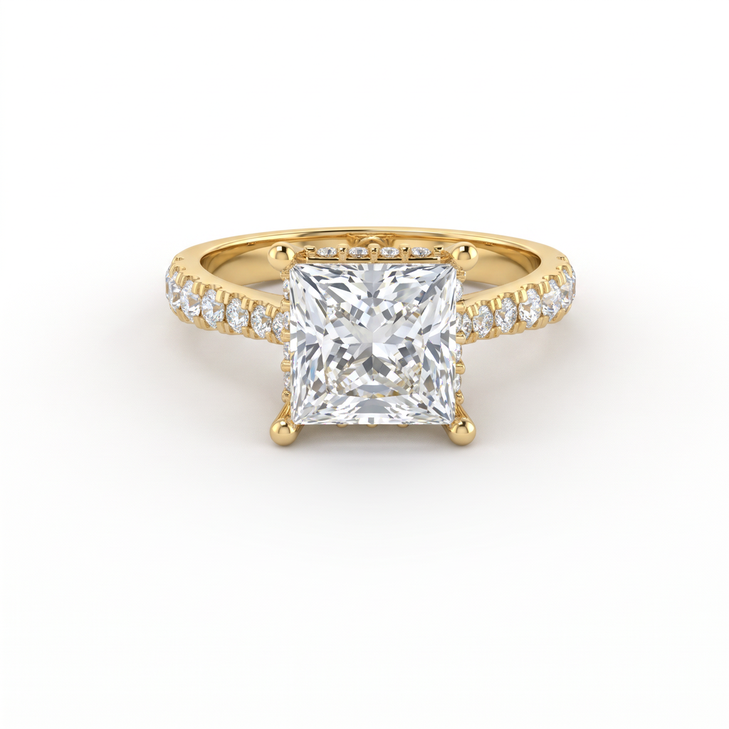 2ct princess cut Lab-Grown Diamond engagement ring in 14K yellow gold with hidden halo and pavé band, top view