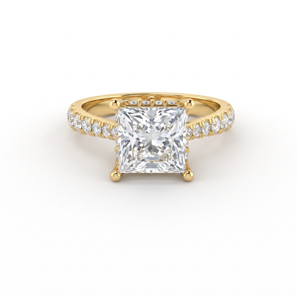 2ct princess cut Lab-Grown Diamond engagement ring in 14K yellow gold with hidden halo and pavé band, top view