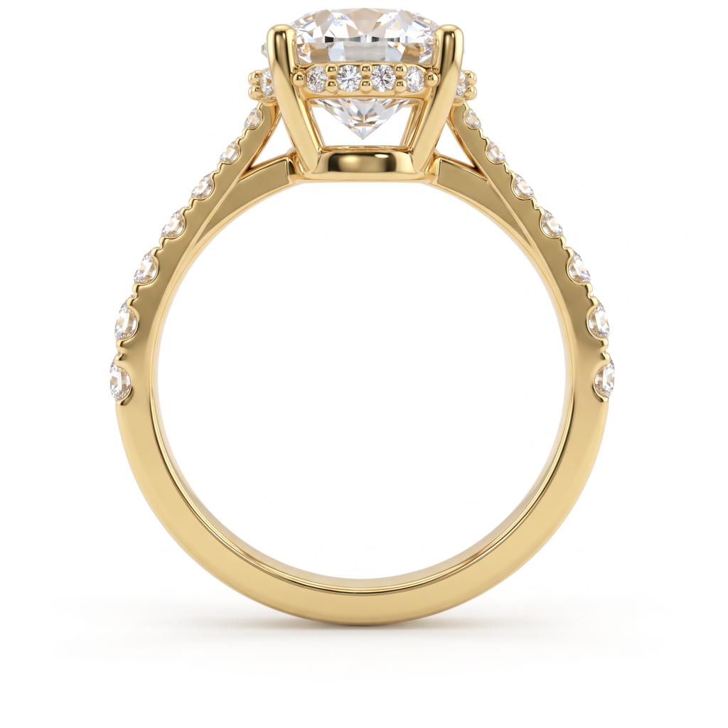 Profile view of a 14K yellow gold 2ct Round Brilliant Lab-Grown Diamond engagement ring showing the hidden halo and pavé band
