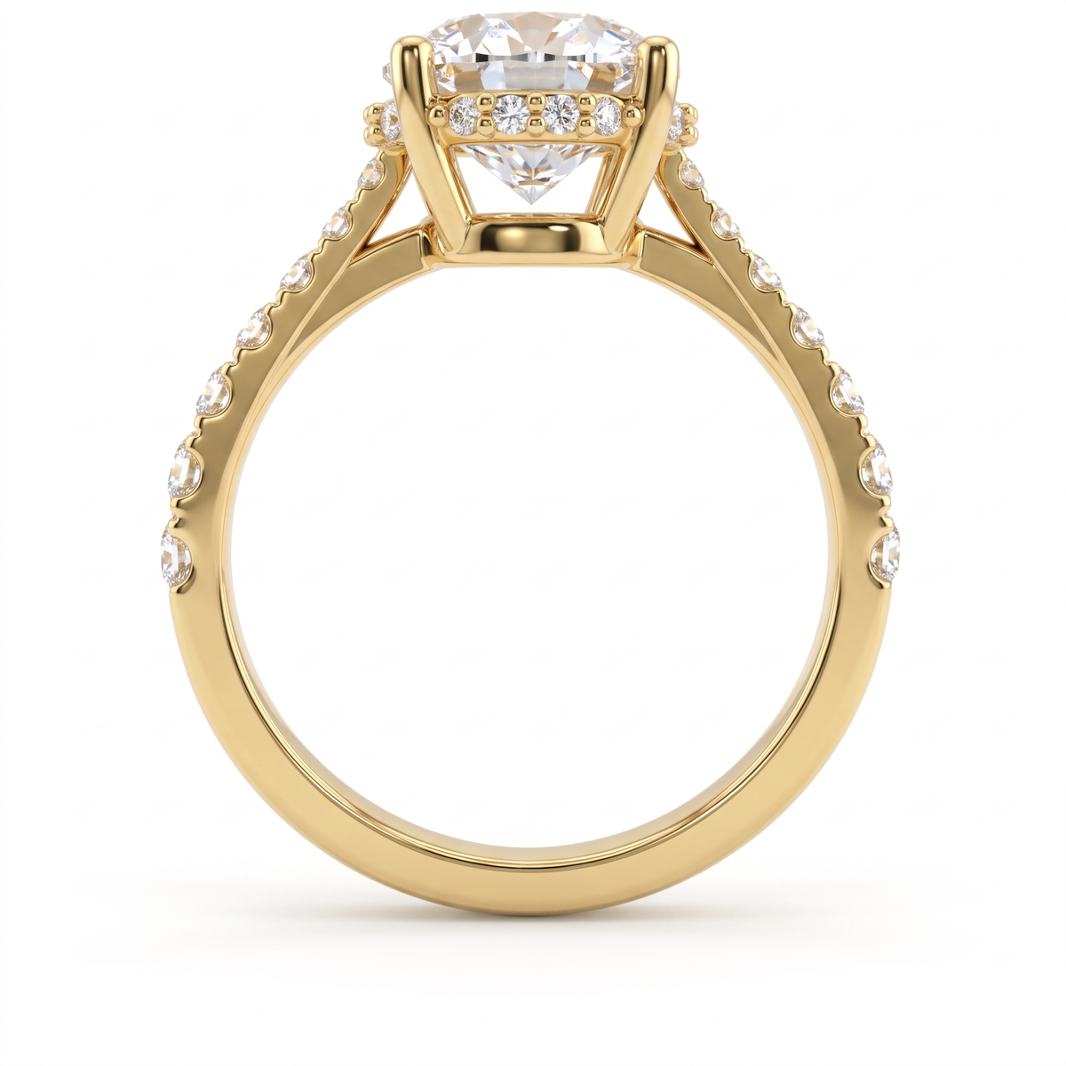Profile view of a 14K yellow gold 2ct Round Brilliant Lab-Grown Diamond engagement ring showing the hidden halo and pavé band