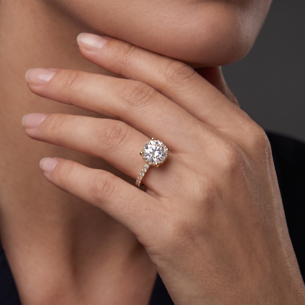 2ct Round Brilliant Lab-Grown Diamond engagement ring worn on the hand, showing the 14K gold pavé band on the finger