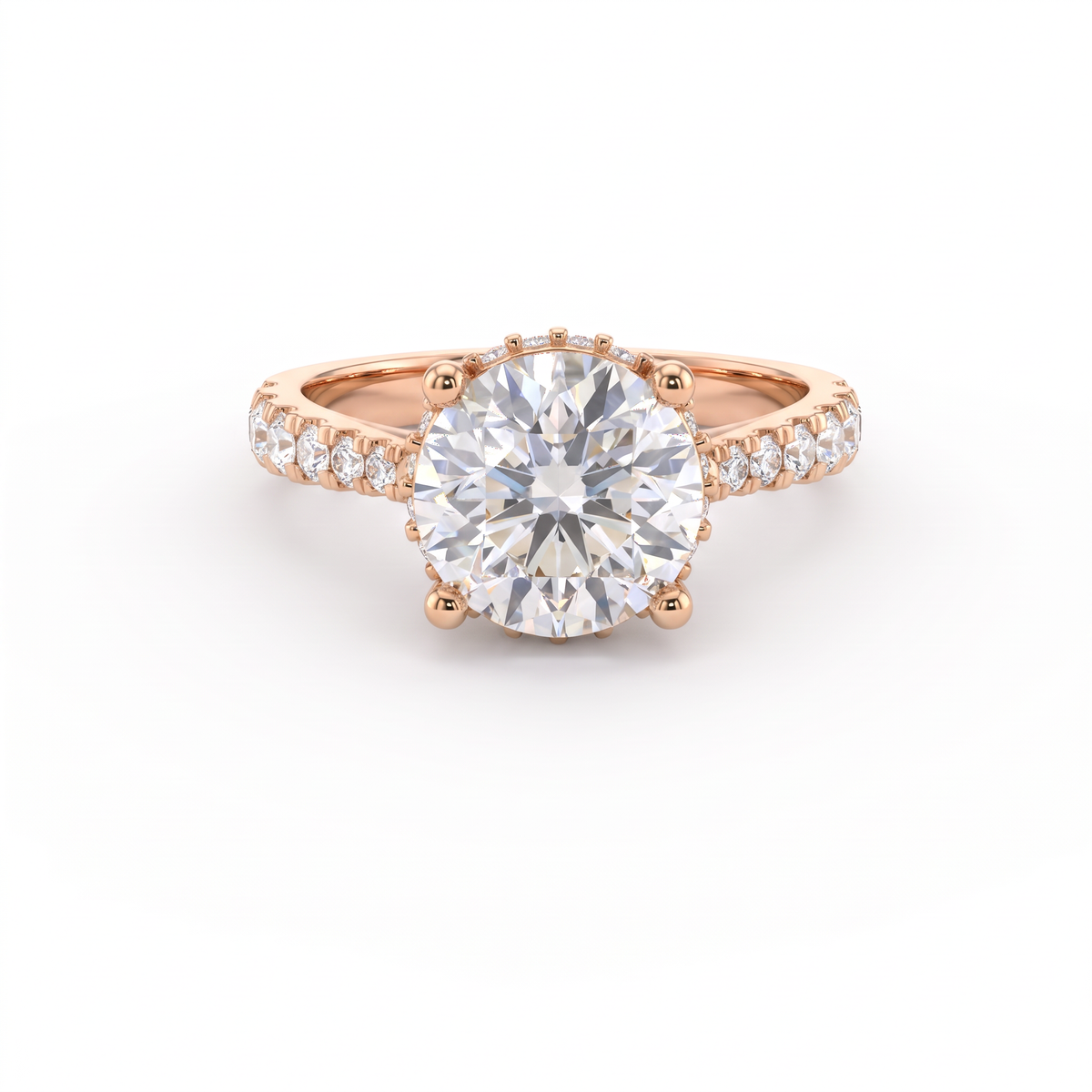 2ct Round Brilliant Lab-Grown Diamond engagement ring in 14K rose gold with hidden halo and pavé band, front view