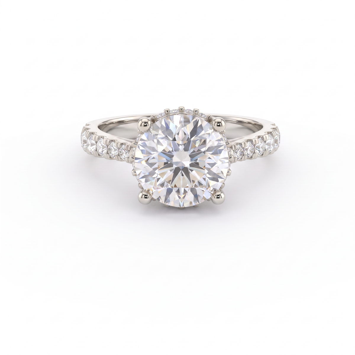 2ct Round Brilliant Lab-Grown Diamond engagement ring in 14K white gold with hidden halo and pavé band, front view