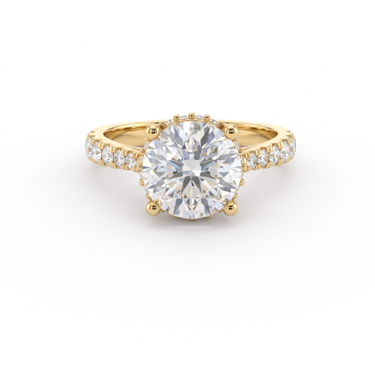 2ct Round Brilliant Lab-Grown Diamond engagement ring in 14K yellow gold with hidden halo and pavé band, front view