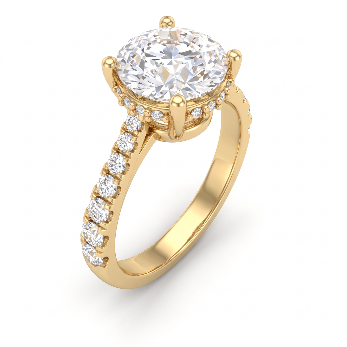 2ct Round Brilliant Lab-Grown Diamond hidden halo engagement ring in 14K yellow gold with a pavé band, angled view