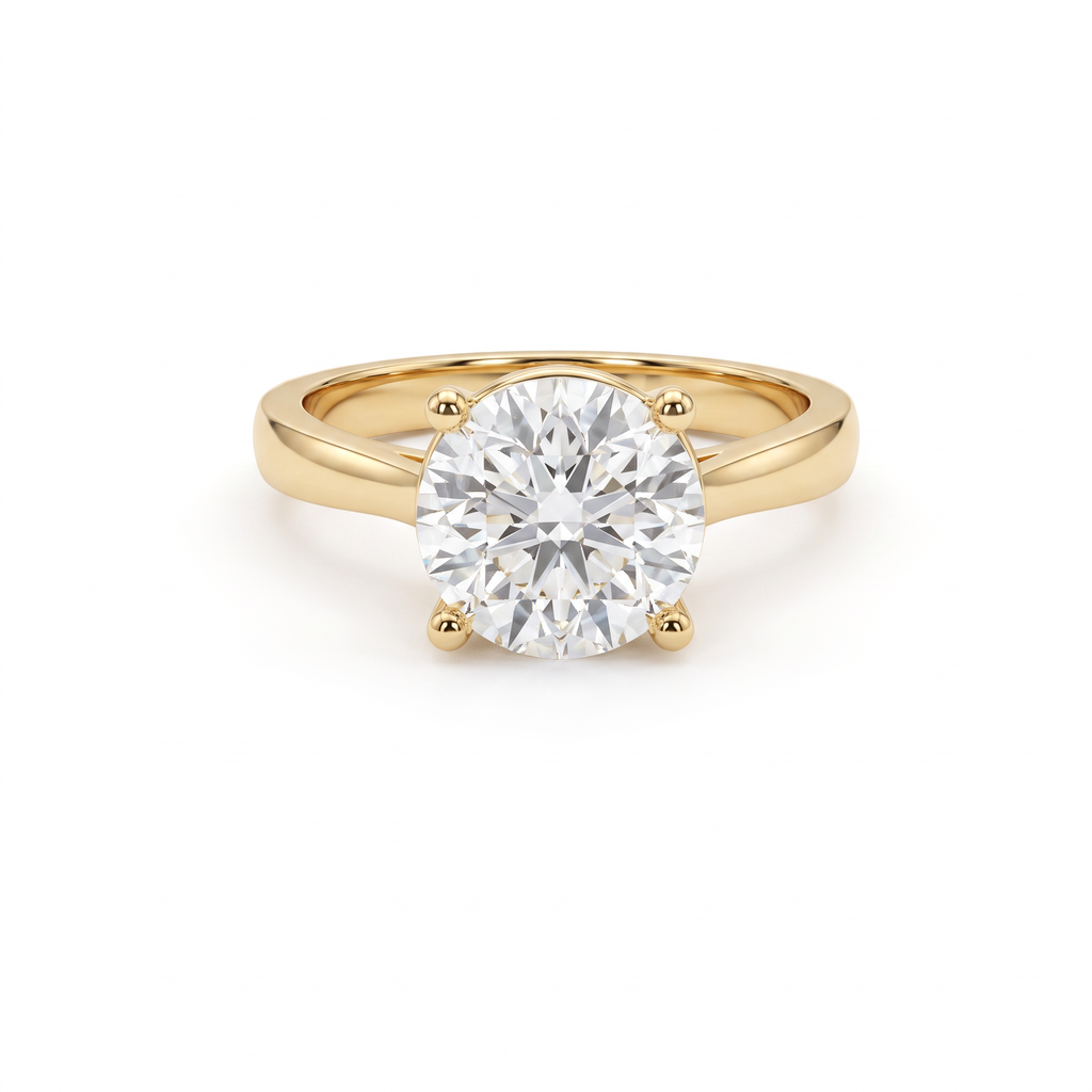 2ct round brilliant diamond solitaire in 14K yellow gold, front view, four-prong head on a 2.5mm shank