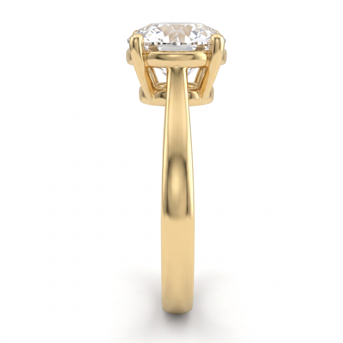 2ct round solitaire in 14K yellow gold viewed along the 2.5mm shank, basket and gallery visible from the side