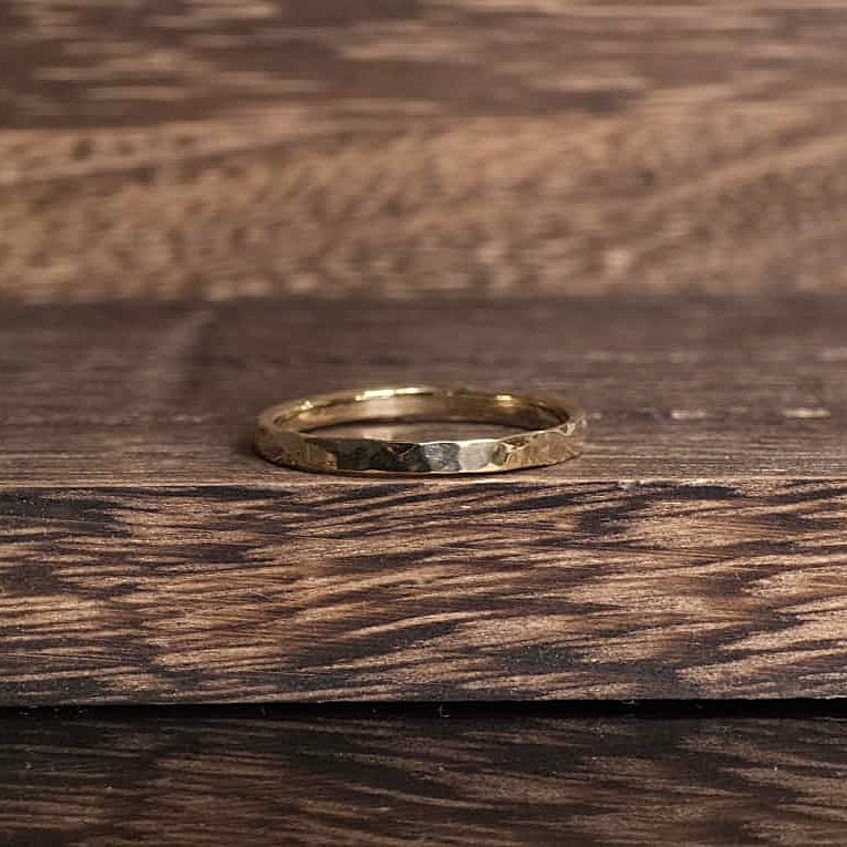 2mm Hammered Wedding Band in 14K Yellow Gold, Matte Finish, Dainty Stacking Ring