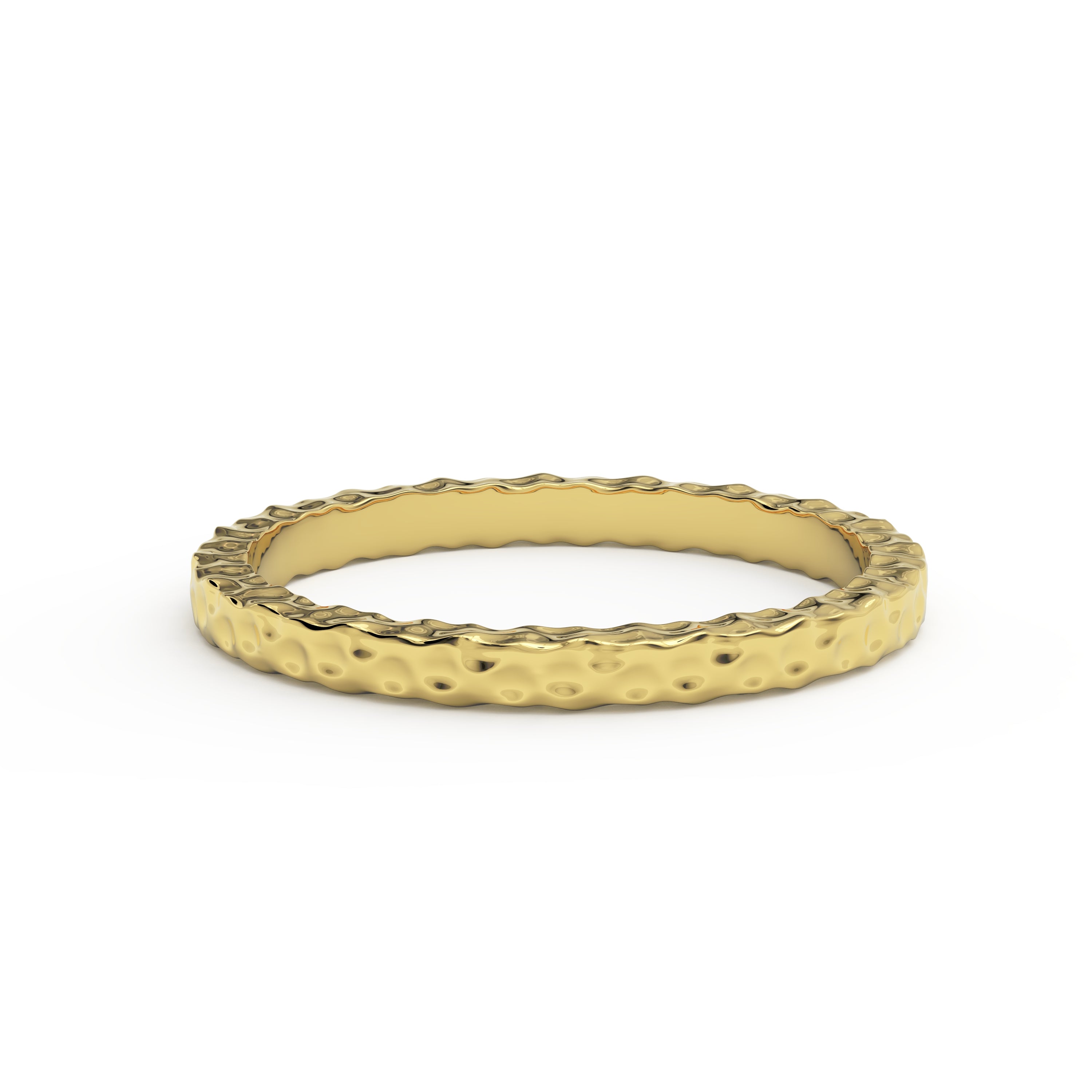 Hammered gold 2mm thin wedding band for women, on white background
