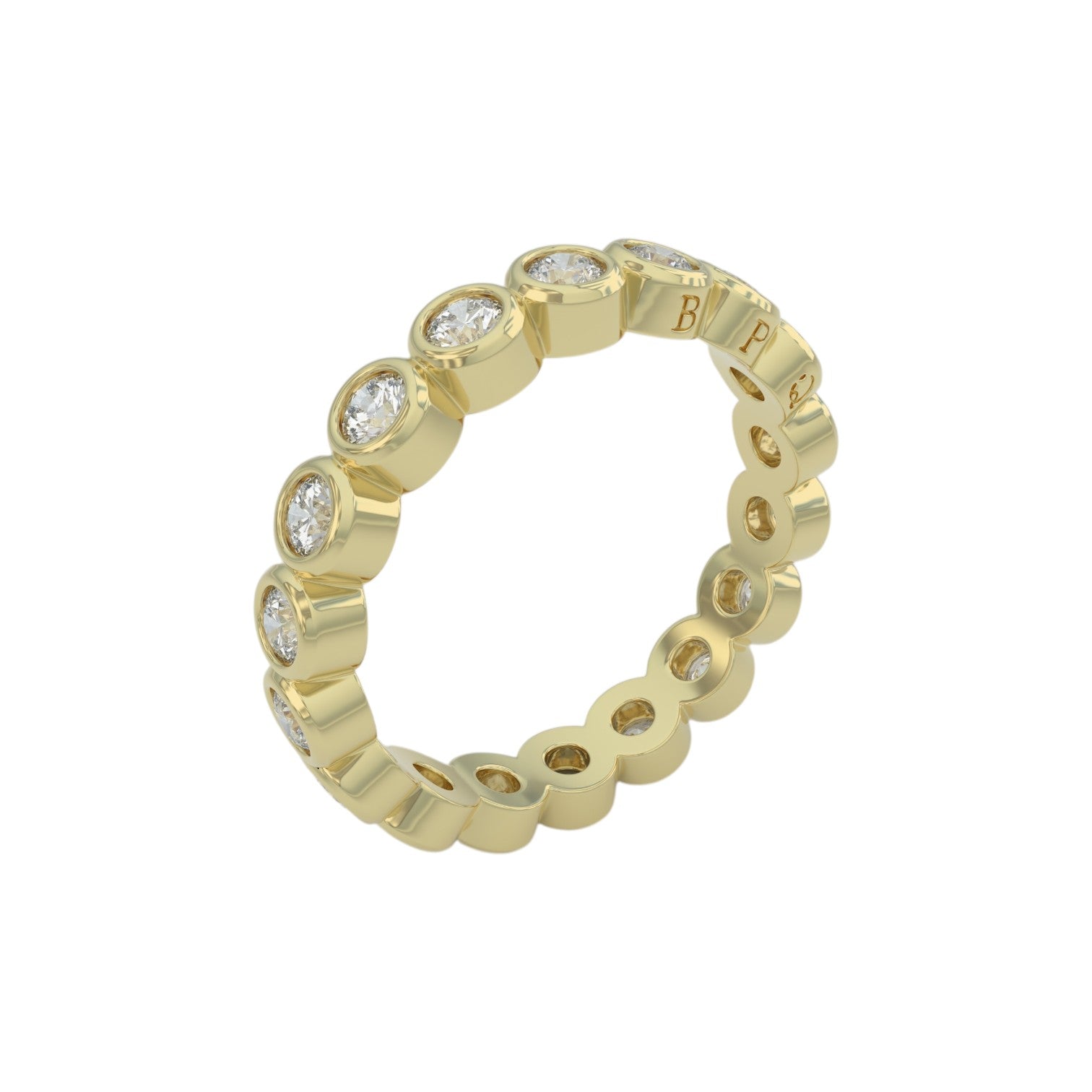 1ct wedding ring, bezel set angled view for details in 14k yellow gold