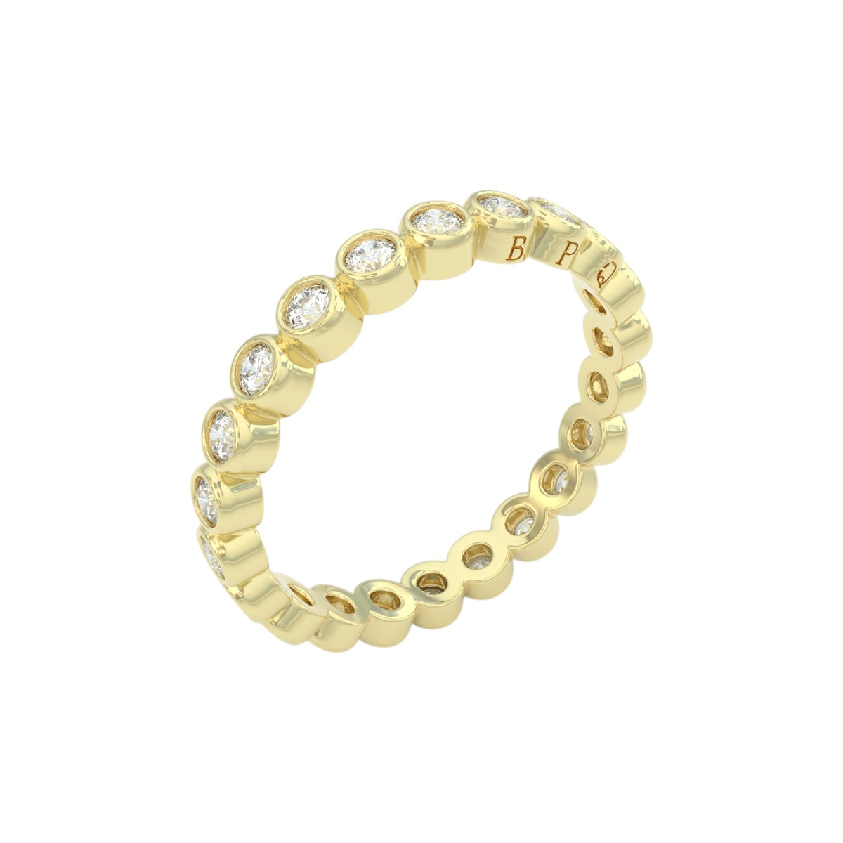 Diamond eternity ring 3mm bezel set in 14k yellow gold, angled view