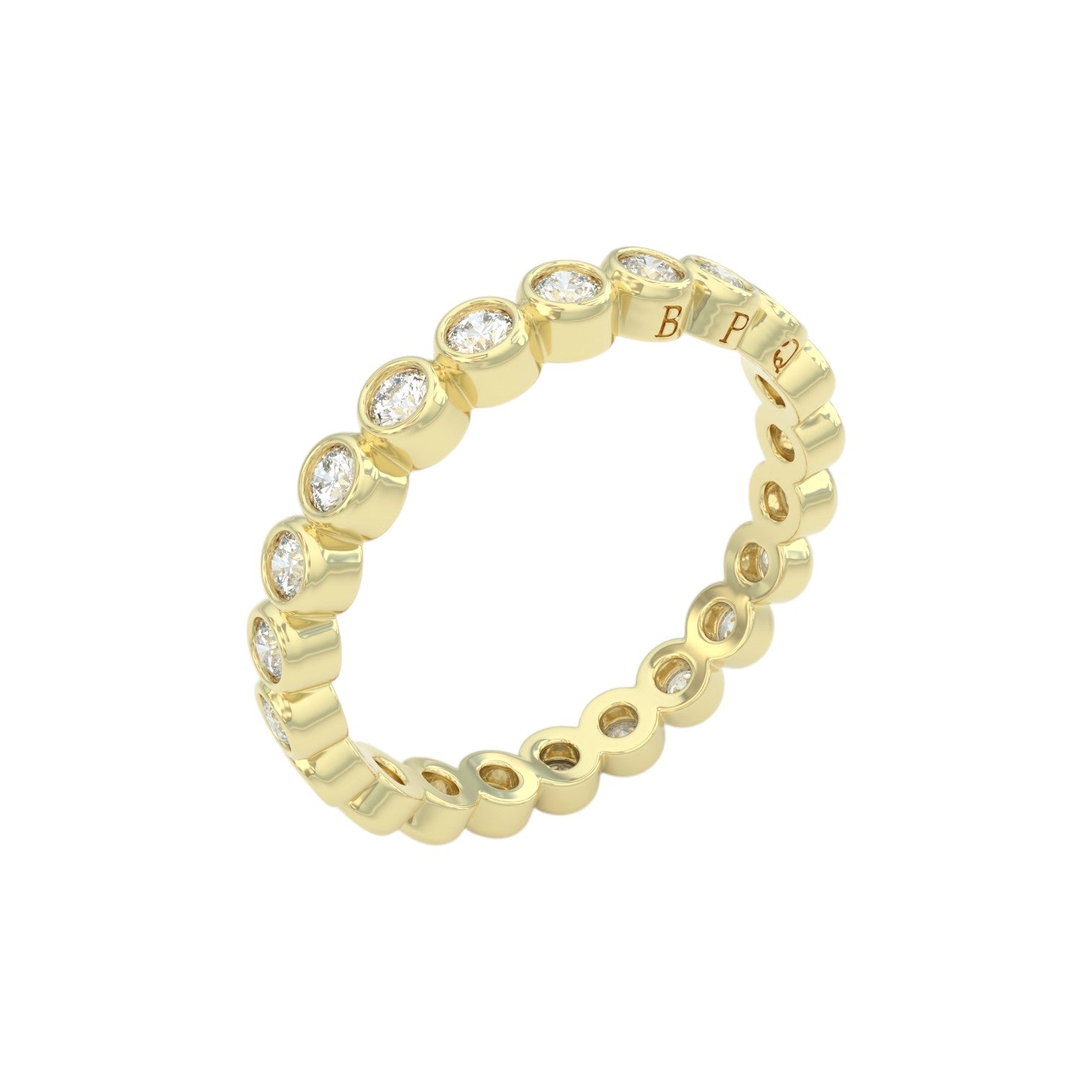 Diamond eternity ring 3mm bezel set in 14k yellow gold, angled view