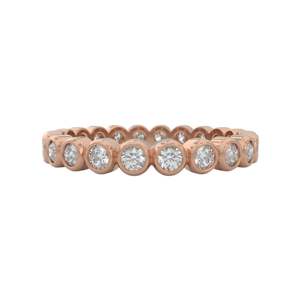 Diamond eternity ring 3mm bezel set in 14k rose gold, closed up view