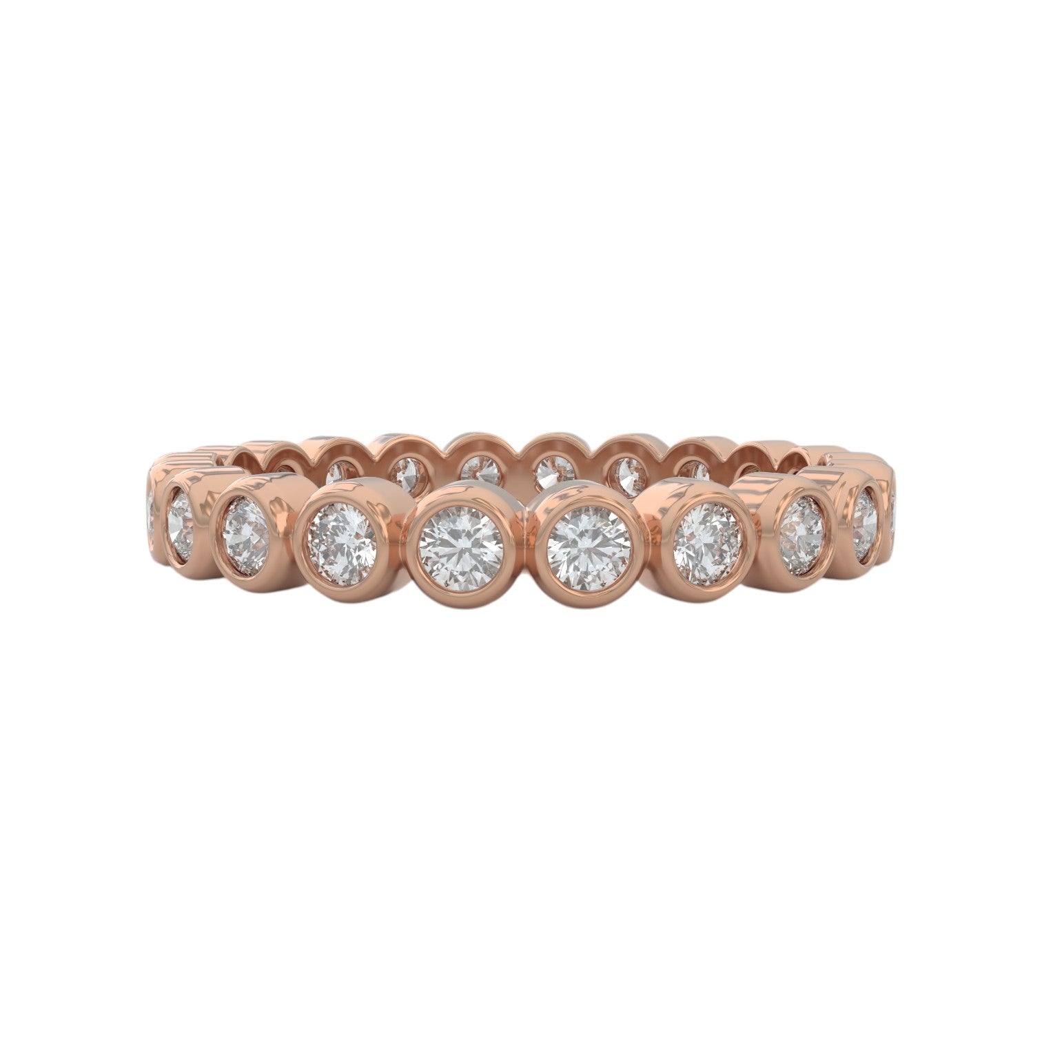 Diamond eternity ring 3mm bezel set in 14k rose gold, closed up view
