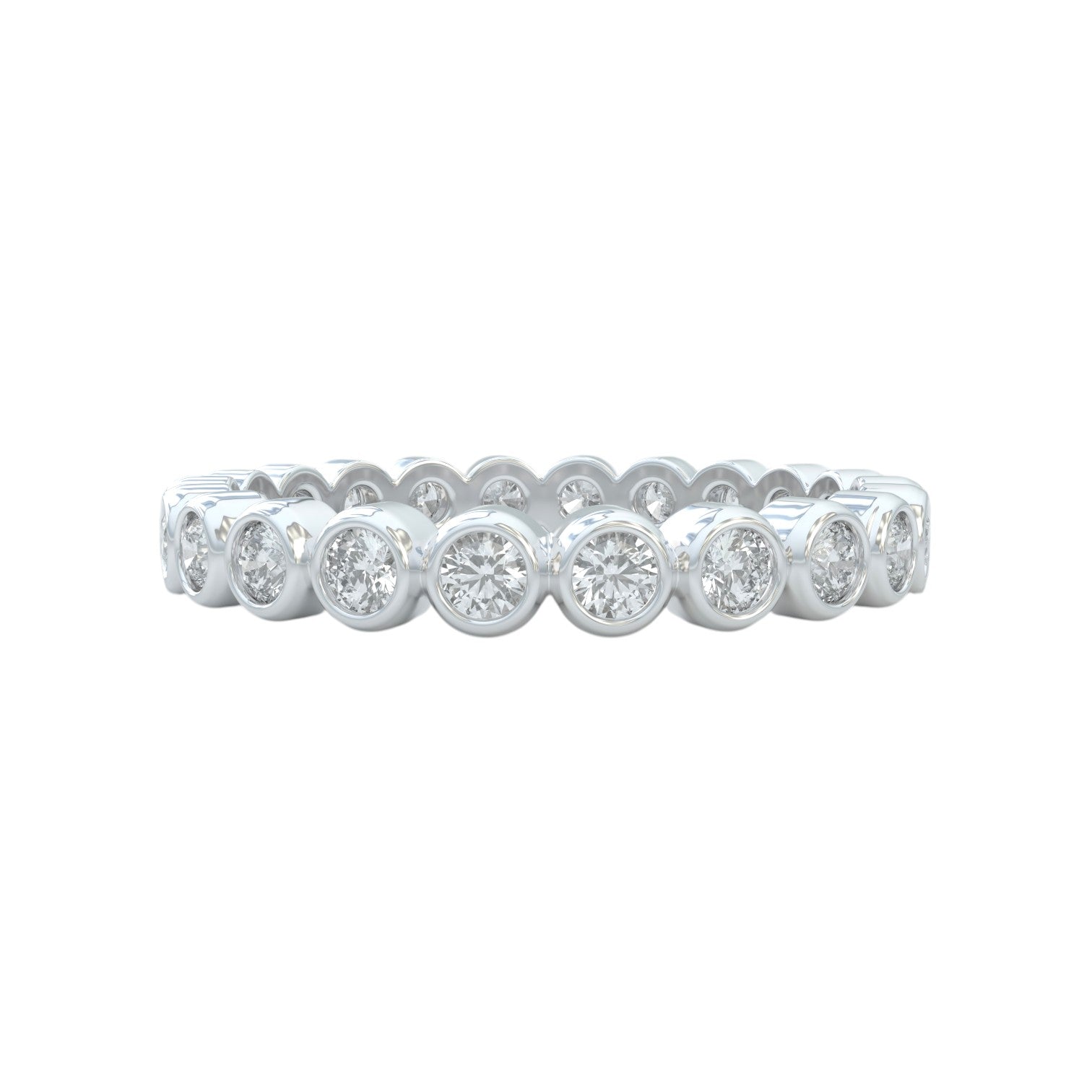Diamond eternity ring 3mm bezel set in 14k white gold, closed up view