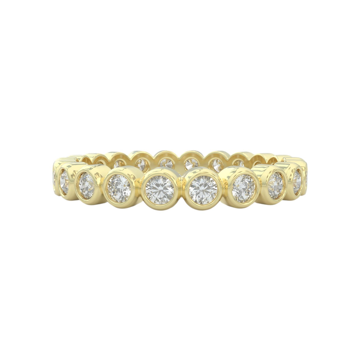 Diamond eternity ring 3mm bezel set in 14k yellow gold, closed up view