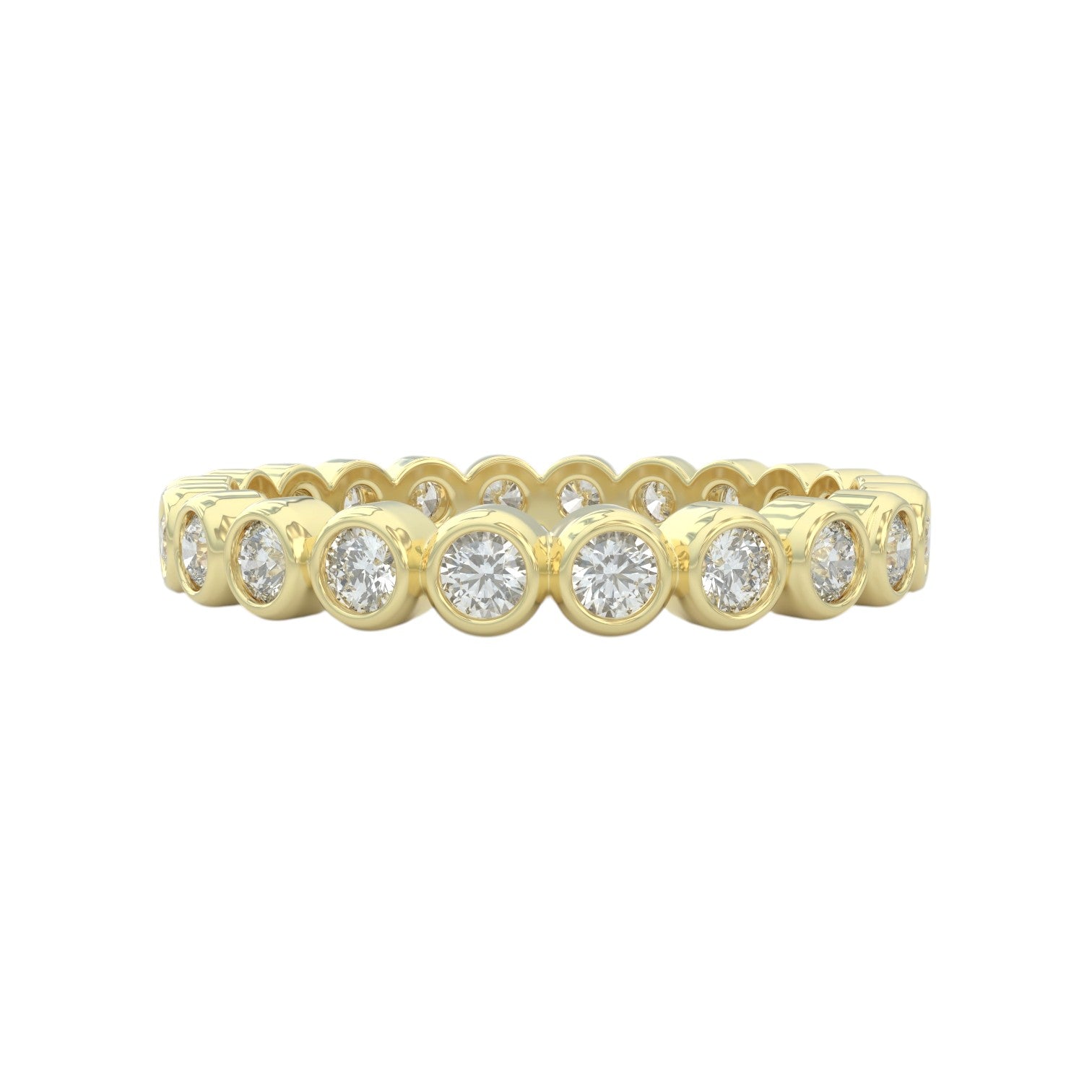 Diamond eternity ring 3mm bezel set in 14k yellow gold, closed up view