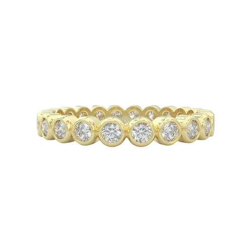 Diamond eternity ring 3mm bezel set in 14k yellow gold, closed up view