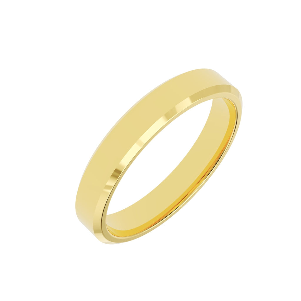 Angled view of a 4mm beveled edge men’s wedding band in 14K gold