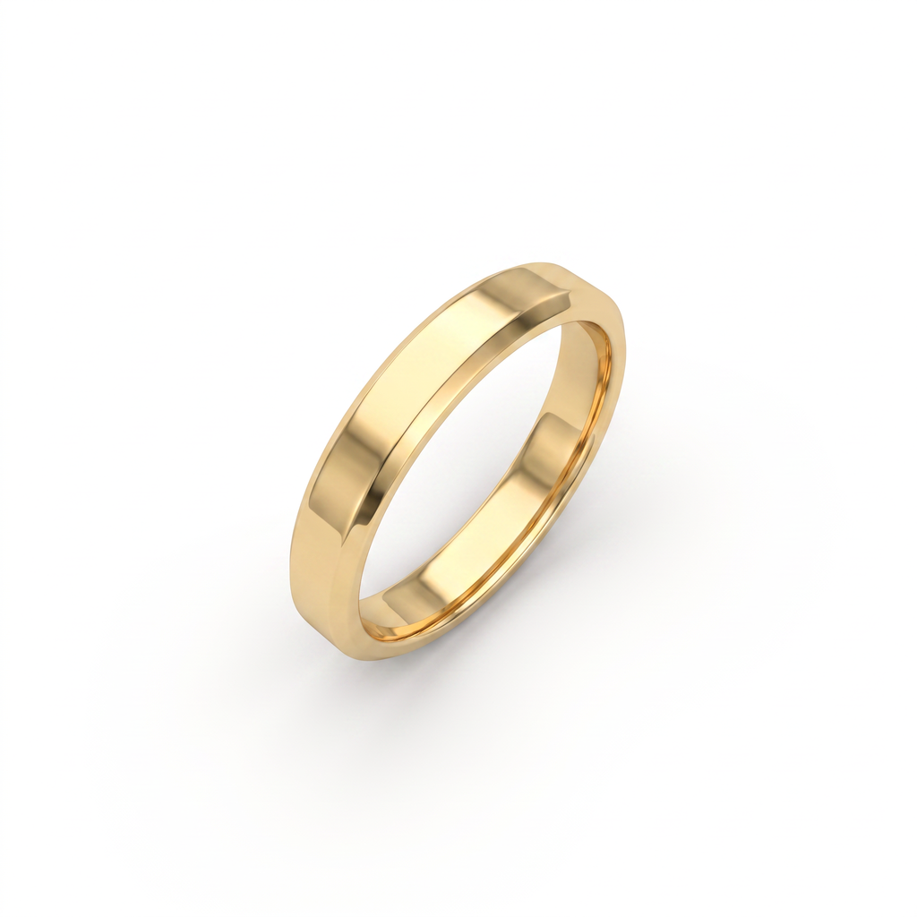 4mm beveled edge wedding band in solid 14K gold, showing the angled bevel along both edges