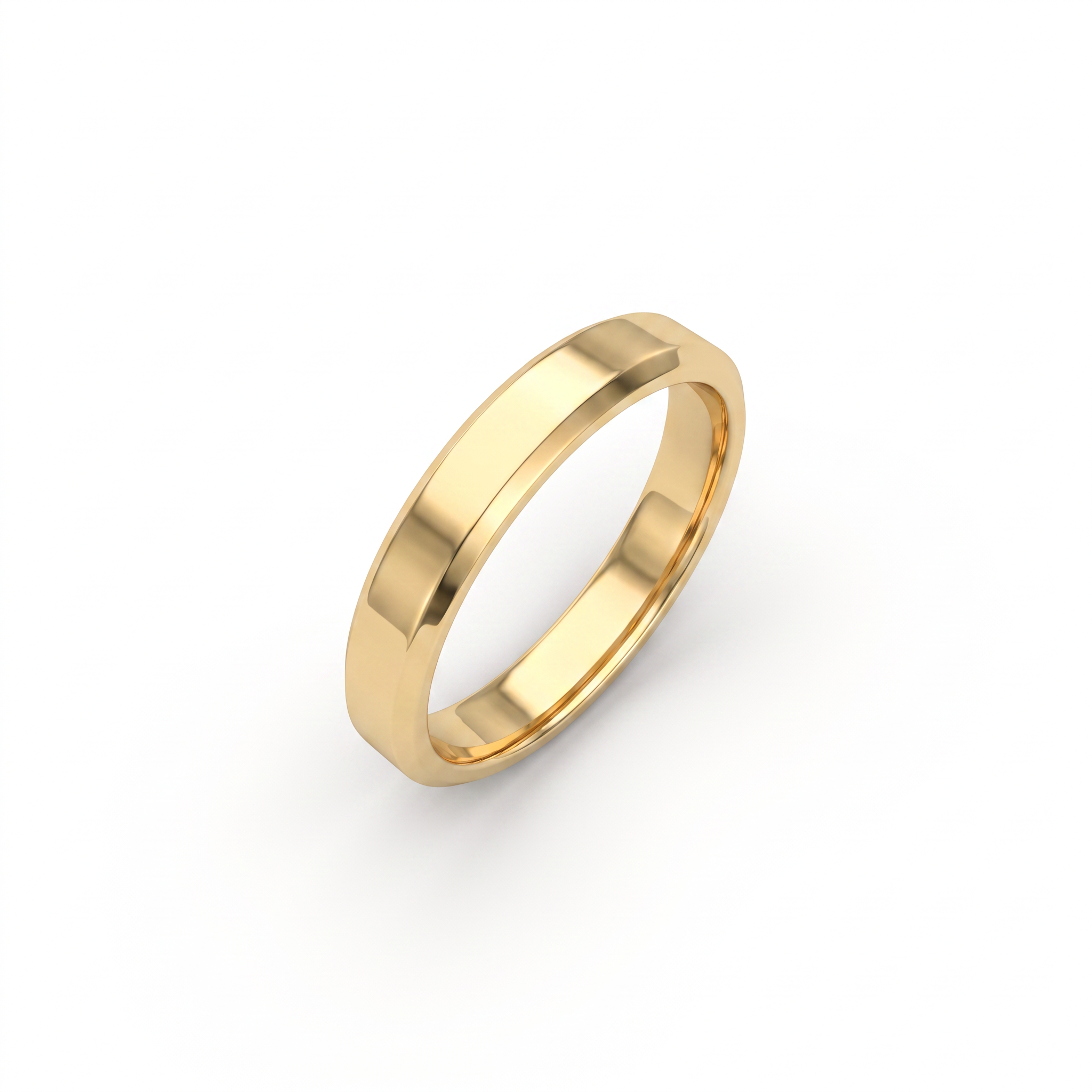 4mm beveled edge wedding band in solid 14K gold, showing the angled bevel along both edges