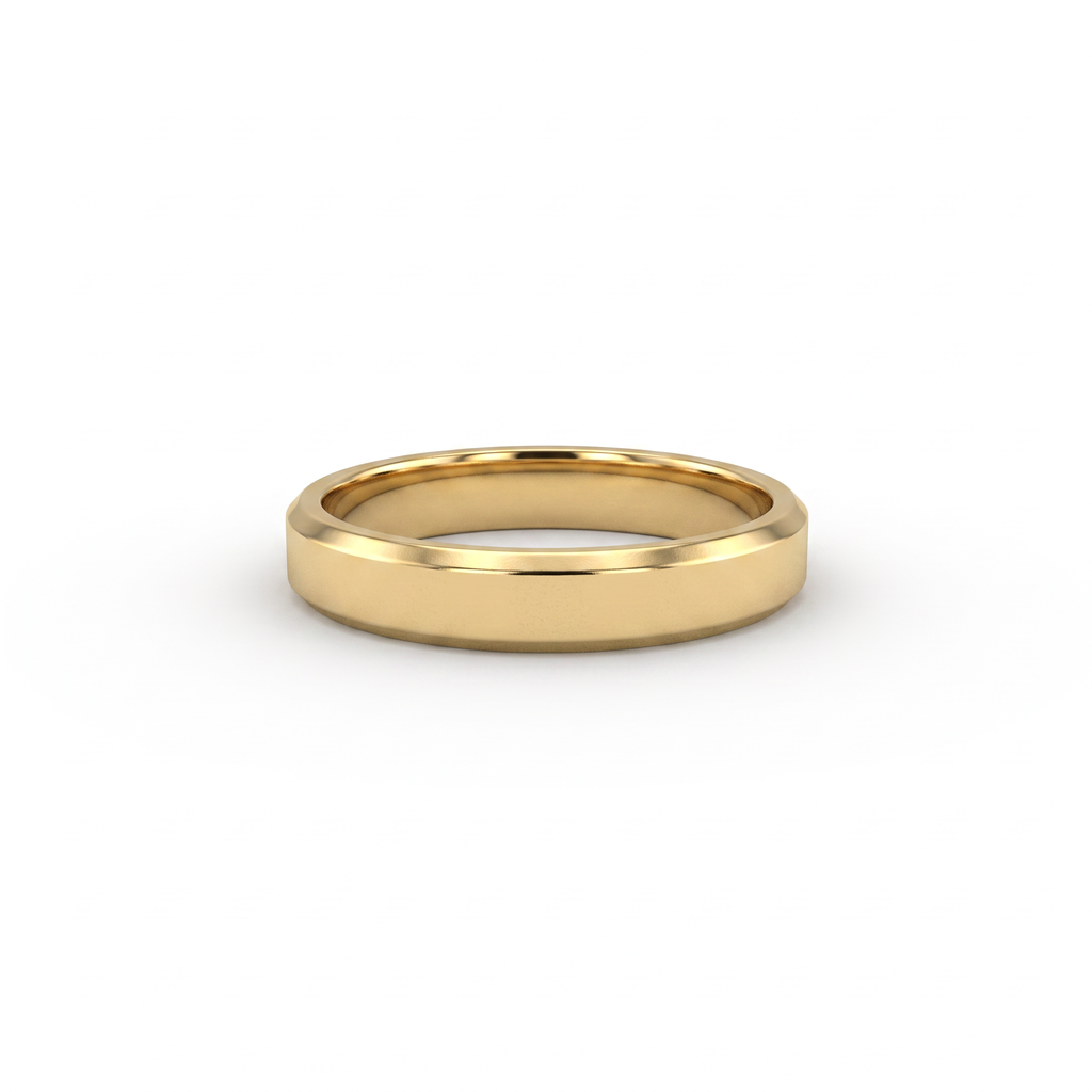 4mm beveled edge wedding band in solid 14K gold, polished flat face with chamfered edges