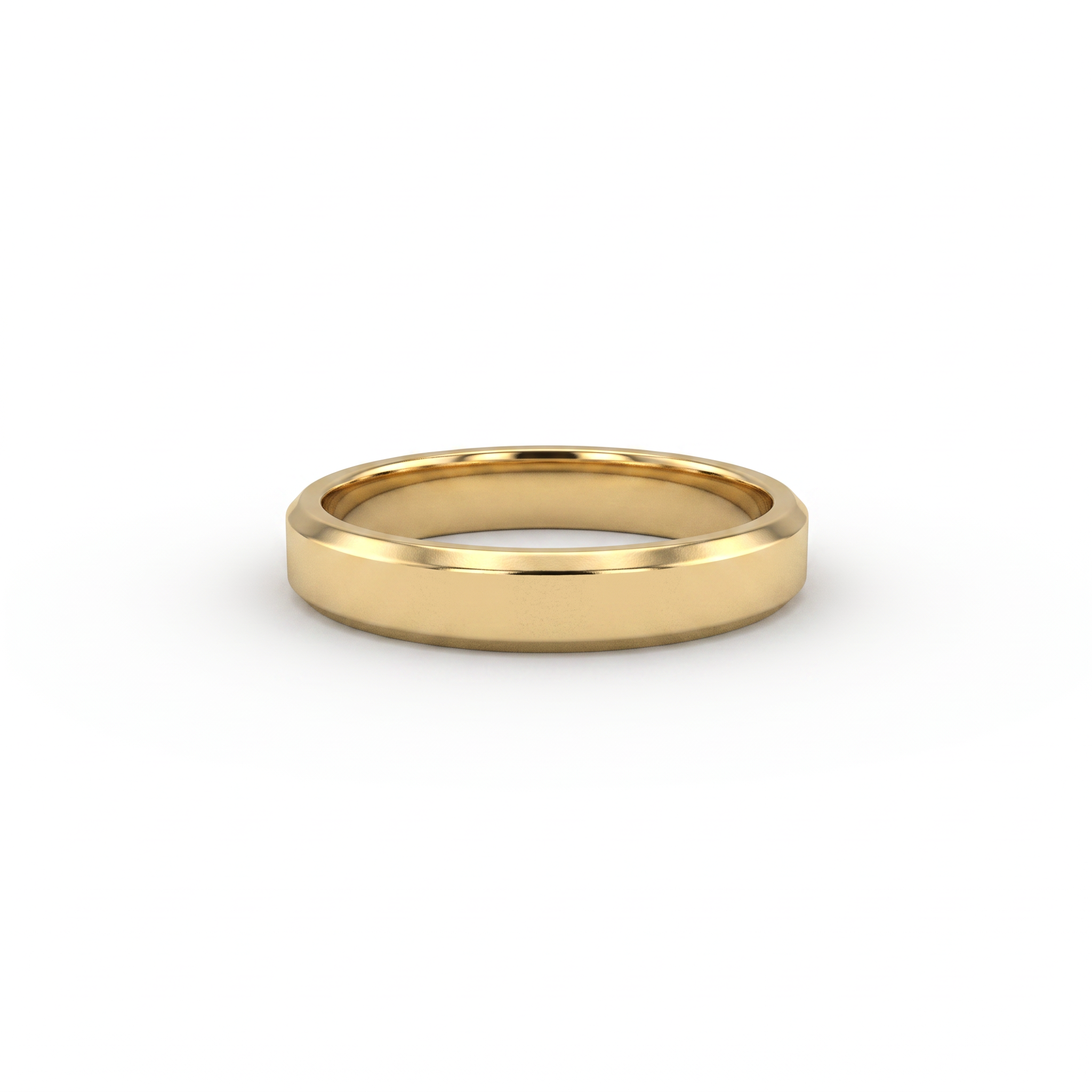 4mm beveled edge wedding band in solid 14K gold, polished flat face with chamfered edges