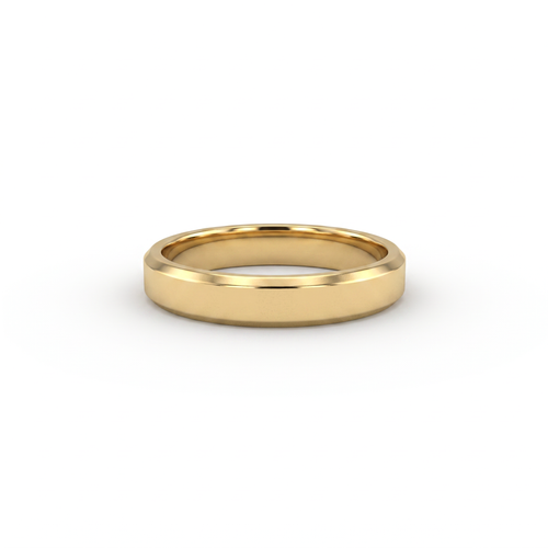 4mm beveled edge wedding band in solid 14K gold, polished flat face with chamfered edges